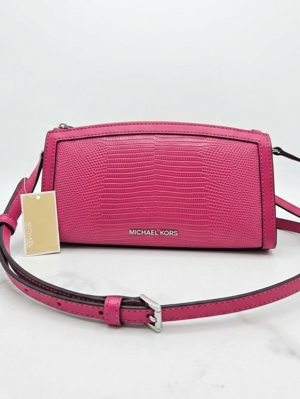 ​NWT Michael Kors Jet Set Pink Raspberry Lizard Leather Crossbody Camera Bag